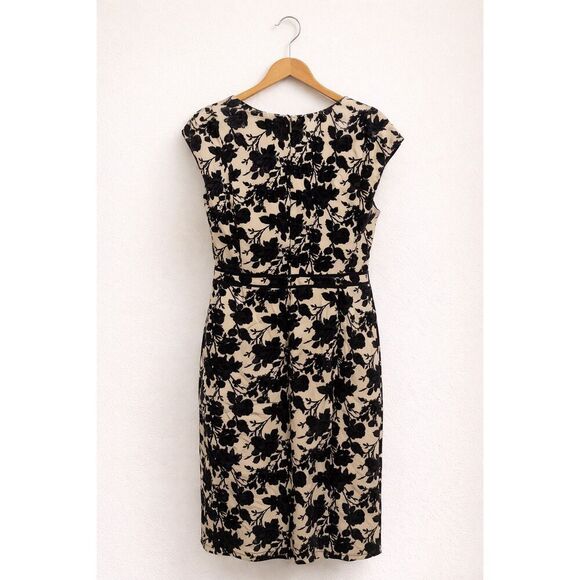 Tory Burch Women’s Black Floral Sheath Dress Size 12 Beige Flocked Cotton - Picture 2 of 4